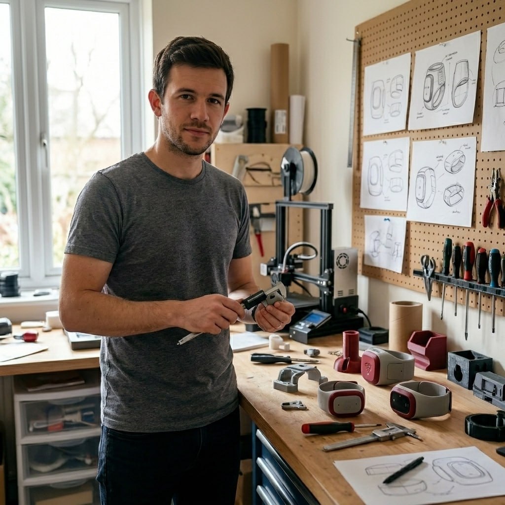 Jonas in his design studio, surrounded by the senior care devices he develops